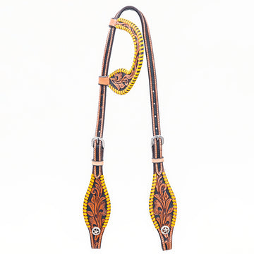 Bar H Equine Western Horse Genuine Leather Floral Design Buckstitch One Ear Headstall Tan